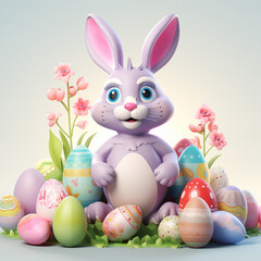 Obraz premium Cute bunny with colorful Easter eggs