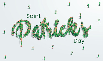 Happy Saint Patricks Day Greeting Card Design. A large group of people forms to create green clovers leaf. 17th of March celebration background. Vector Illustration.