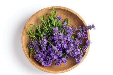 Lavender flowers in wooden plate, isolated on white, flat lay view