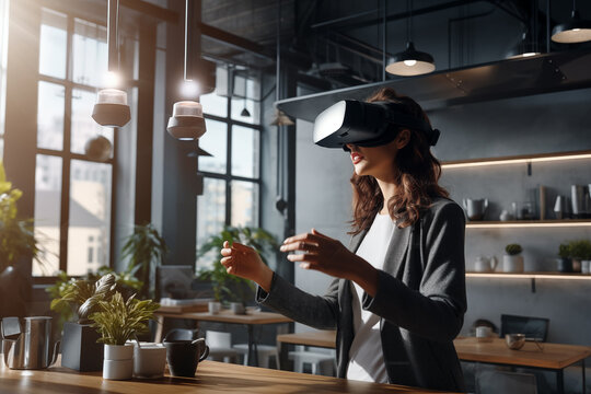 Young woman wearing virtual reality glasses in modern interior design coworking studio.