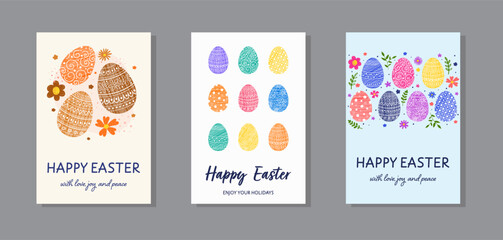 Hand painted Easter backgrounds set. Design of a greeting card with ornate eggs and flowers. Vector illustration