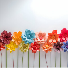 Colorful paper flowers on white background with copy space for text.