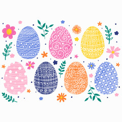 Colourful background with Easter eggs and flowers. Concept of a poster. Background design. Vector illustration