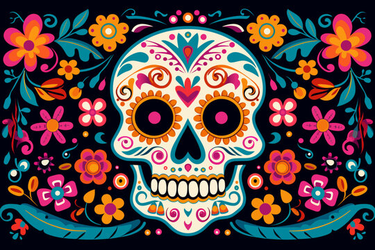 a colorful sugar skull with flowers on a black background