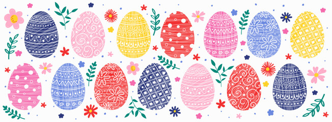 Easter background concept. Banner with eggs and flowers. Vector illustration