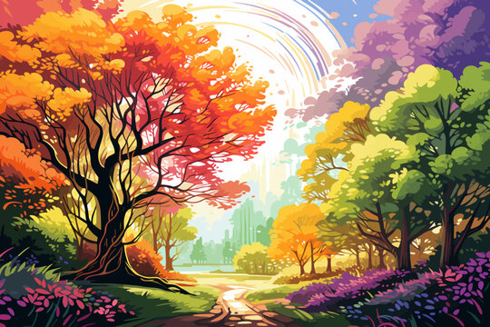 a painting of a colorful forest scene