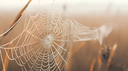 Spider web with dew drops at sunrise. close up. Nature background