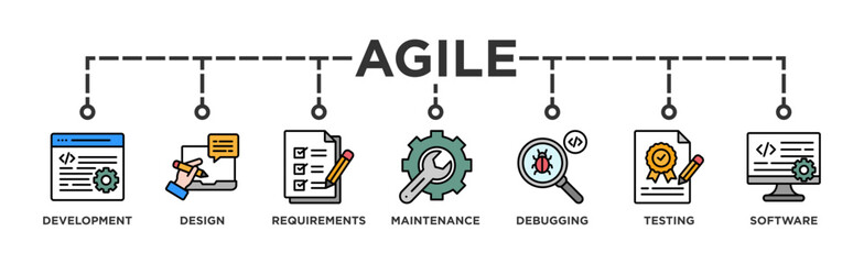 Agile banner web icon vector illustration concept with icon of development, design, requirements, maintenance, debugging, testing and software