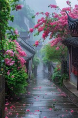 A Rainy Day in an Asian Village With Pink Flowers