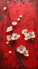 Painting of White Flowers on a Red Background