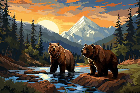 a painting of two bears standing in a river