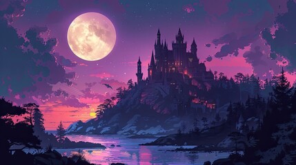 A Painting of a Castle With a Full Moon in the Background