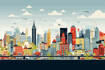 a city skyline with birds flying over it