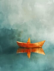 Small Orange Boat Floating on Body of Water