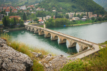 View of Mehmed Paša Sokolović Bridge in Višegrad, Bosnia and Herzegovina. Unesco world heritage...