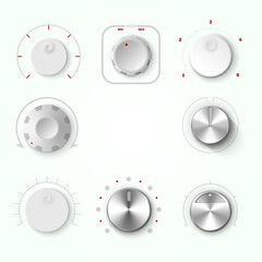 round adjustment dial white background realistic set analogue knobs level control isolated vector illustration