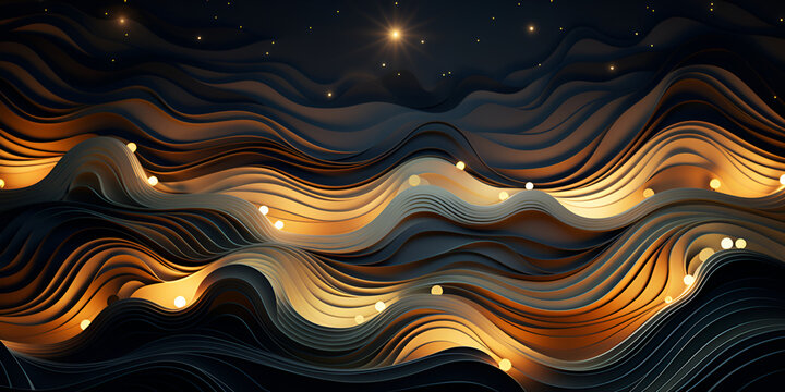 A black and gold image of waves with the light,