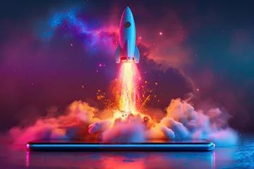 Fotobehang Colorful Rocket Launching Into the Sky © jiawei