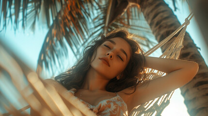 attractive adult woman, age 20 to 30, cacuasian, sleeping on the sandy beach, lying in the hammock between palm trees, relaxation and peace, tropical island life, fictional location