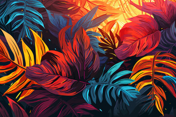 a painting of colorful leaves on a black background - obrazy, fototapety, plakaty