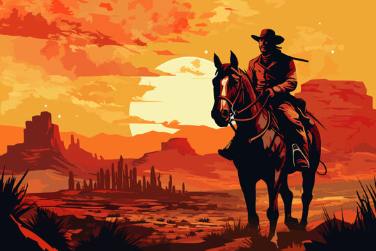 a painting of a man riding a horse in the desert