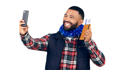 Selfie, happy and man with passport or tickets, trip and memories of summer vacation. Brazil guy, smile or profile picture of holiday with travel itinerary or isolated on a transparent png background