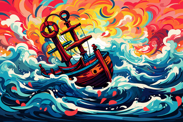 a painting of a ship in the middle of the ocean