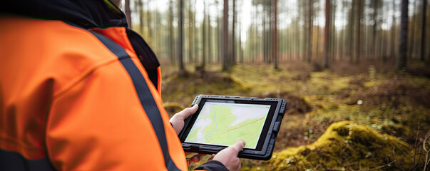 Work with digital tablet in forest. Forest topography maps rd set gps navigation point.