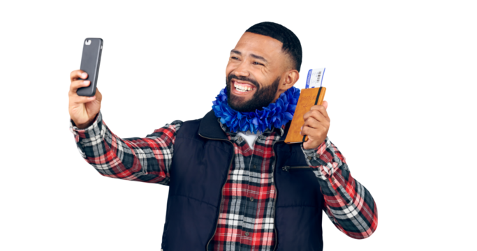 Selfie, happy and man with passport or tickets, trip and memories of summer vacation. Brazil guy, smile or profile picture of holiday with travel itinerary or isolated on a transparent png background