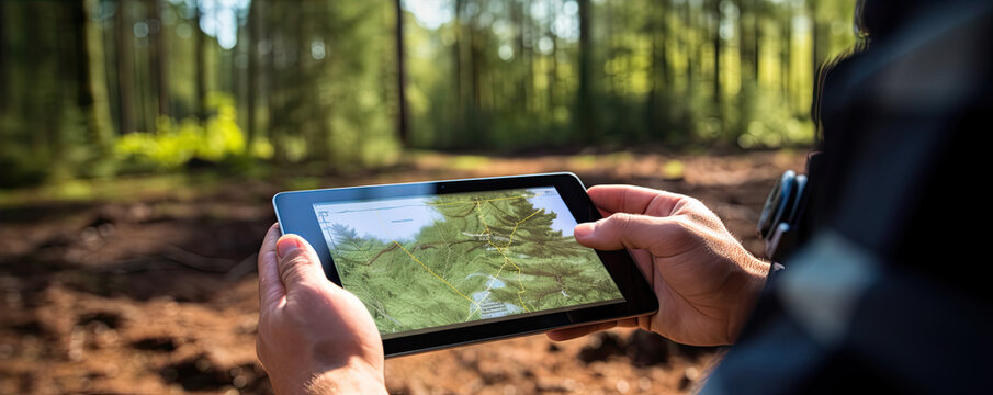 Work with digital tablet in forest. Forest topography maps rd set gps navigation point.