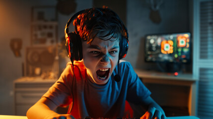 rage quit, child gambles online, plays online games, with headphones and microphone, hatred and agitation and insults on the internet, online gamer, young boy - obrazy, fototapety, plakaty