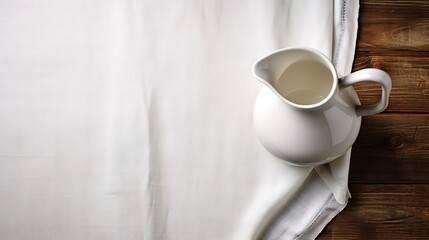 A jug of fresh milk is photographed on a cloth and table. generative AI