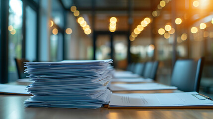 Large stack of file folders, documents, paperwork piled on top desk in office. - obrazy, fototapety, plakaty