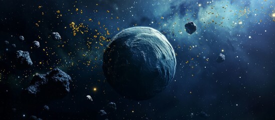 An astronomical object in space surrounded by electric blue asteroids, depicting a science fiction event with a liquid water planet in darkness at midnight, with a moon orbiting in a circle