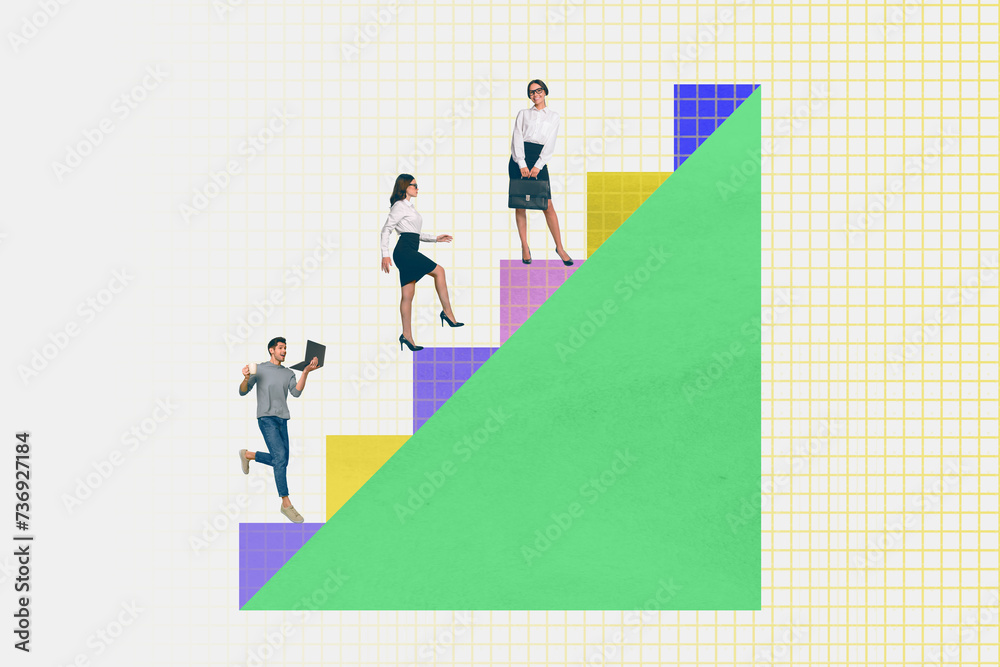 Poster horizontal photo collage picture of diligent motivated people run go work hard look forward climb st