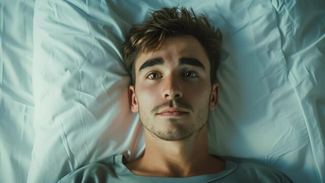 A young man lying in a hospital bed his face contorted with pain but his eyes full of determination symbolizing the strength and perseverance of those battling chronic illness, male Laying in Bed With