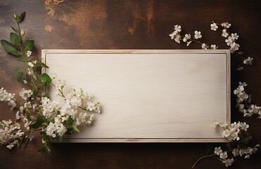 An empty wooden frame with white floral decorations next to it in a photo with a textured brown wall background. generative AI