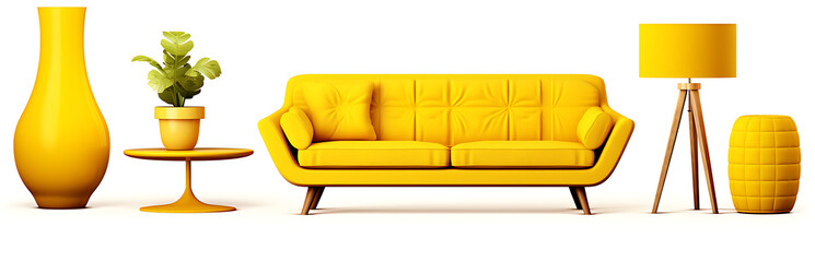 collection of yellow modern furniture items including a sofa, chair, planter, table, lamp isolated on a transparent background for interior design