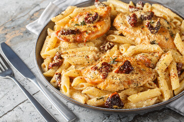 Creamy Marry Me Chicken pasta with sun-dried tomatoes, cheese, herbs and aromatic sauce close-up in...