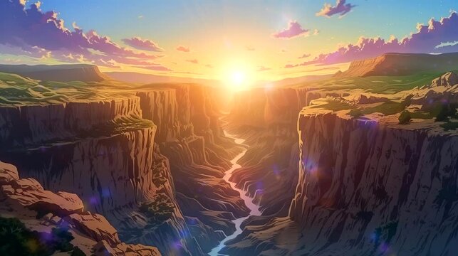 A tranquil canyon bathed in the warm glow of sunrise. Fantasy landscape anime or cartoon style, seamless looping 4k time-lapse virtual video animation background