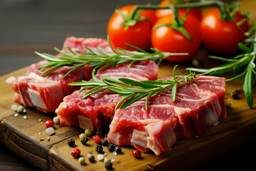 Raw meat with tomatoes and rosemary. Fresh raw lamb chops on a wooden cutting board, garnished with rosemary, surrounded by tomatoes and scattered peppercorns. Concept of culinary websites, recipe