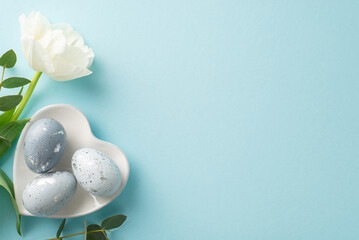 Easter charm: top view rich greyish eggs nestled in a heart shaped plate, alongside tulip, and...