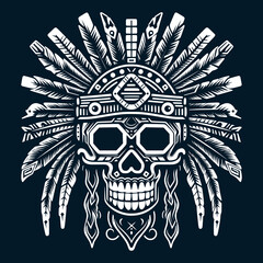 Tribal Skull with Ornate Feather Headdress - Monochrome Vector Illustration