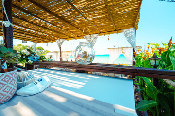 Paradise restaurant on tropical seashore. Zakhyntos, Greece.  - 736928724