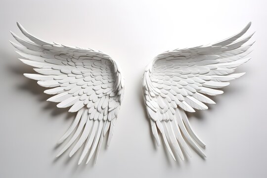 A pair of white feathered wings in the photo on a black background. generative AI