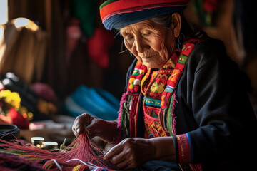 Native old latin woman sewing in a market stall - obrazy, fototapety, plakaty