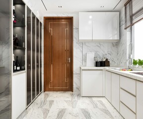 3D Rendering White Minimal Kitchen With Wood Decoration 6