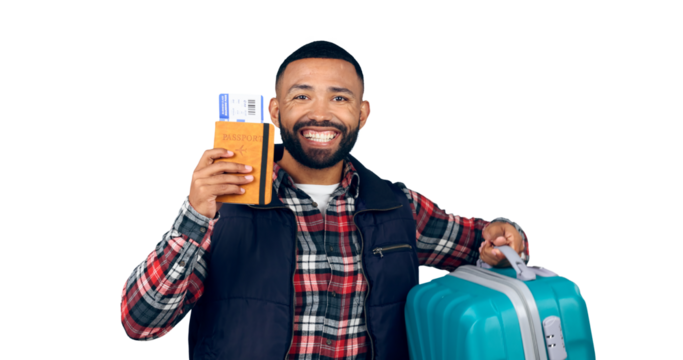 Travel, passport and portrait of man with suitcase for vacation, adventure or holiday. Face, smile and young male tourist with tickets, documents and luggage isolated by transparent png background.