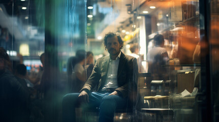 Fototapeta na wymiar A blurred image of a man sitting 