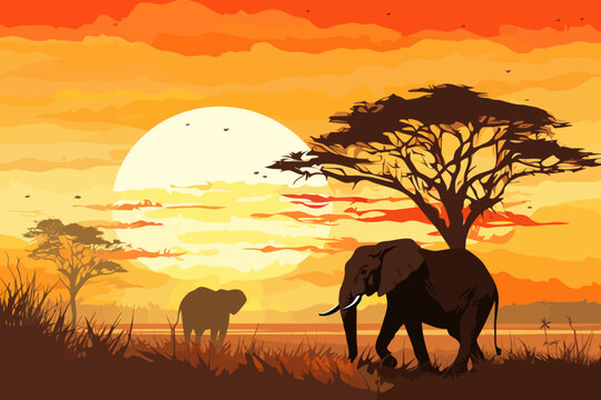 a painting of a sunset with an elephant and a baby elephant